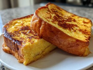Two thick slices of perfectly cooked sourdough french toast stacked slightly on a white plate.