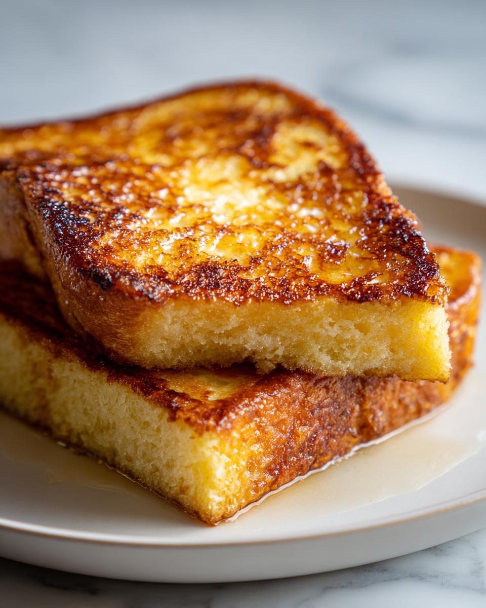 Close-up of two thick slices of golden brown sourdough french toast stacked on a plate, drizzled with syrup.