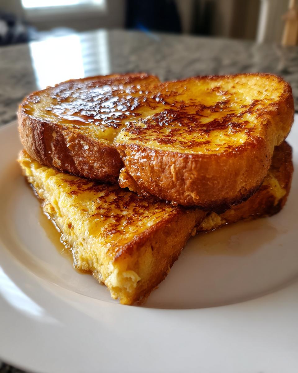 Close-up of a stack of golden brown sourdough french toast drizzled with syrup on a white plate.