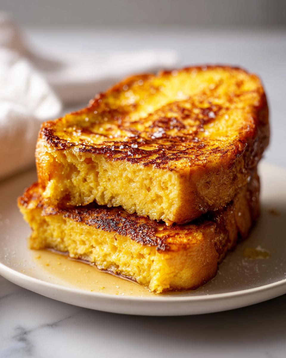 Two thick slices of golden brown sourdough french toast stacked on a white plate, drizzled with syrup.