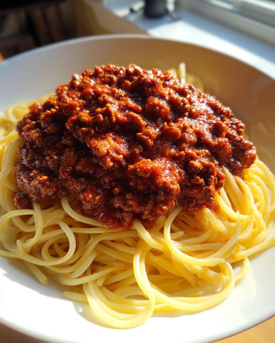 A close-up of spaghetti topped generously with rich, dark red bolognese sauce, served in a white bowl.
