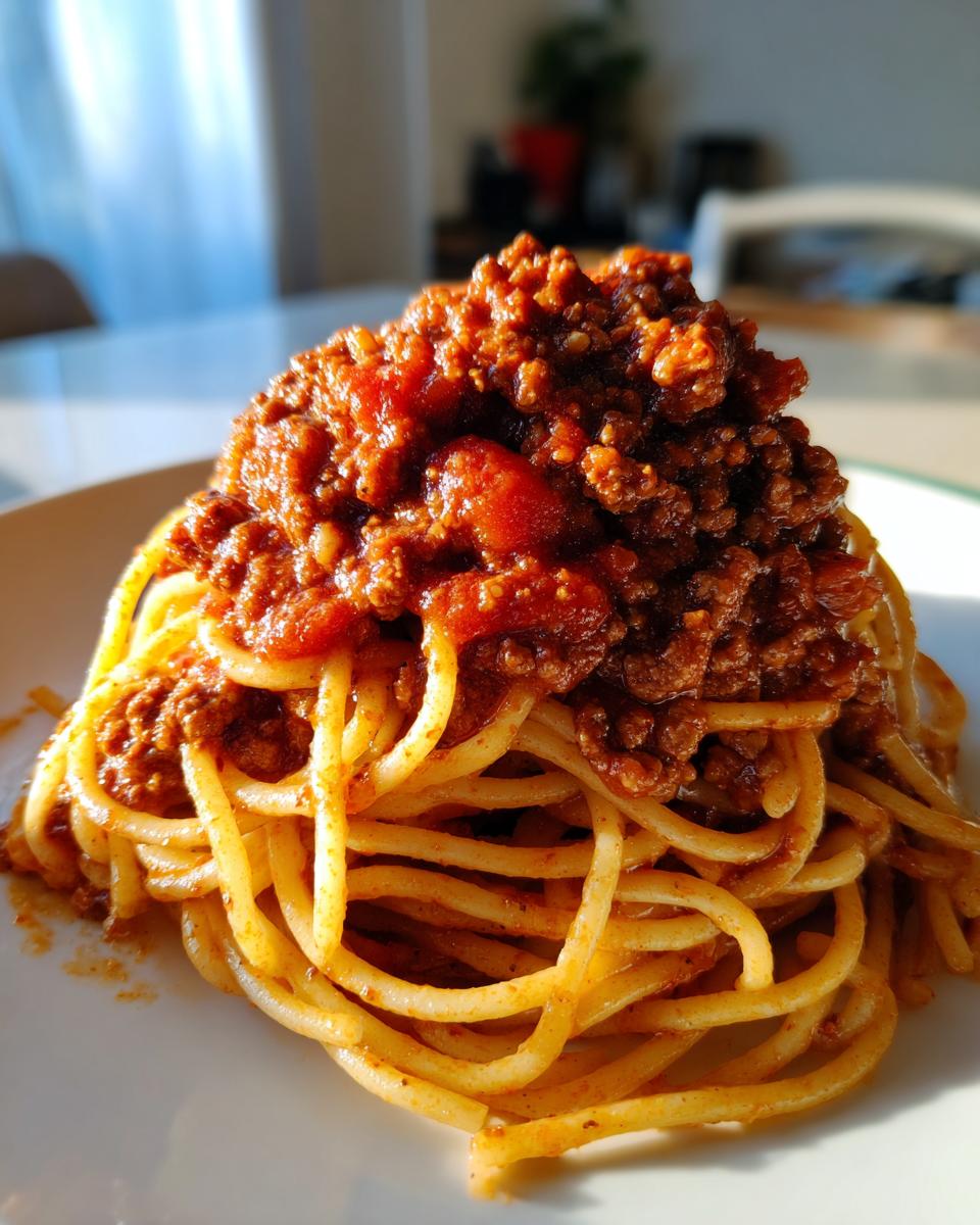 A close-up of spaghetti noodles generously topped with thick, rich bolognese sauce on a white plate.