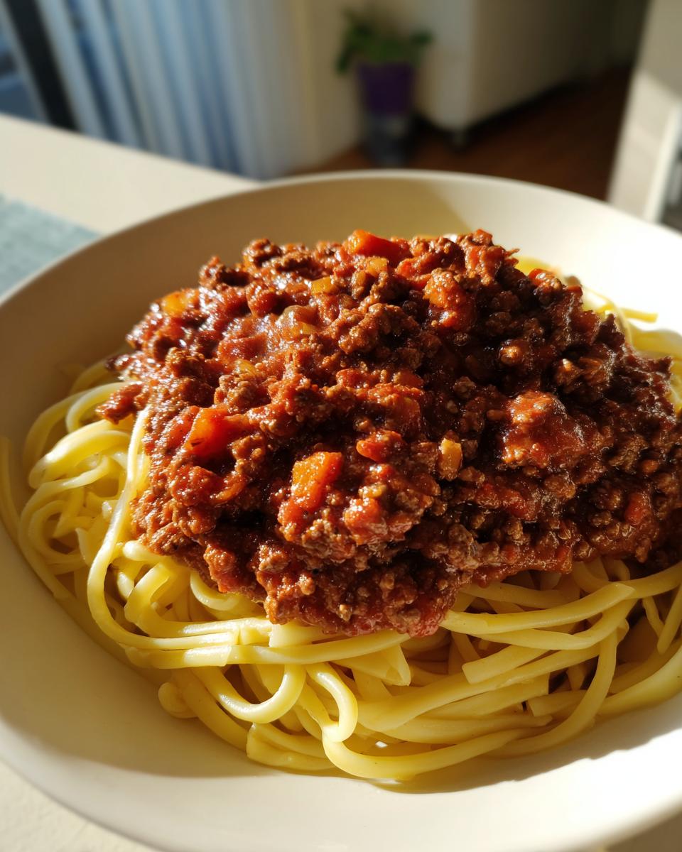 Close-up of a bowl of spaghetti topped generously with rich, dark red bolognese sauce.