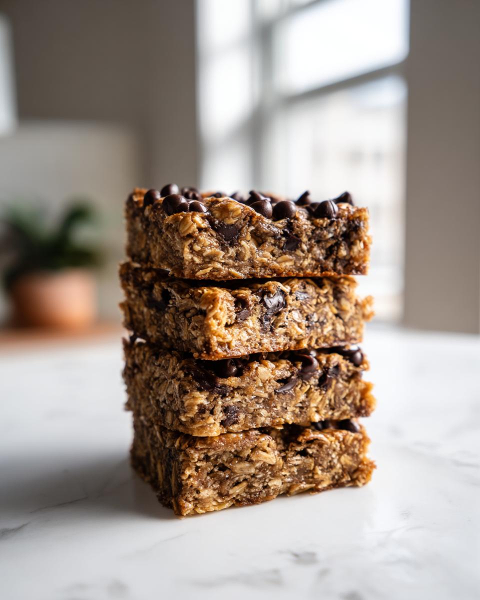 A stack of four dense, chewy chocolate chip oatmeal bars resting on a white marble surface.