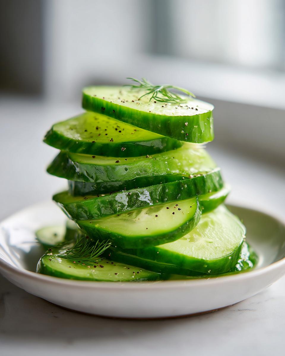 Close-up of stacked, glistening cucumber slices seasoned with pepper, ready for refrigerator pickles.