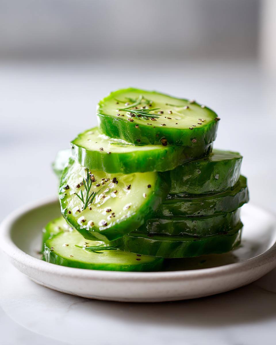 Close-up of stacked, glossy green cucumber slices seasoned with cracked pepper and dill for refrigerator pickles.