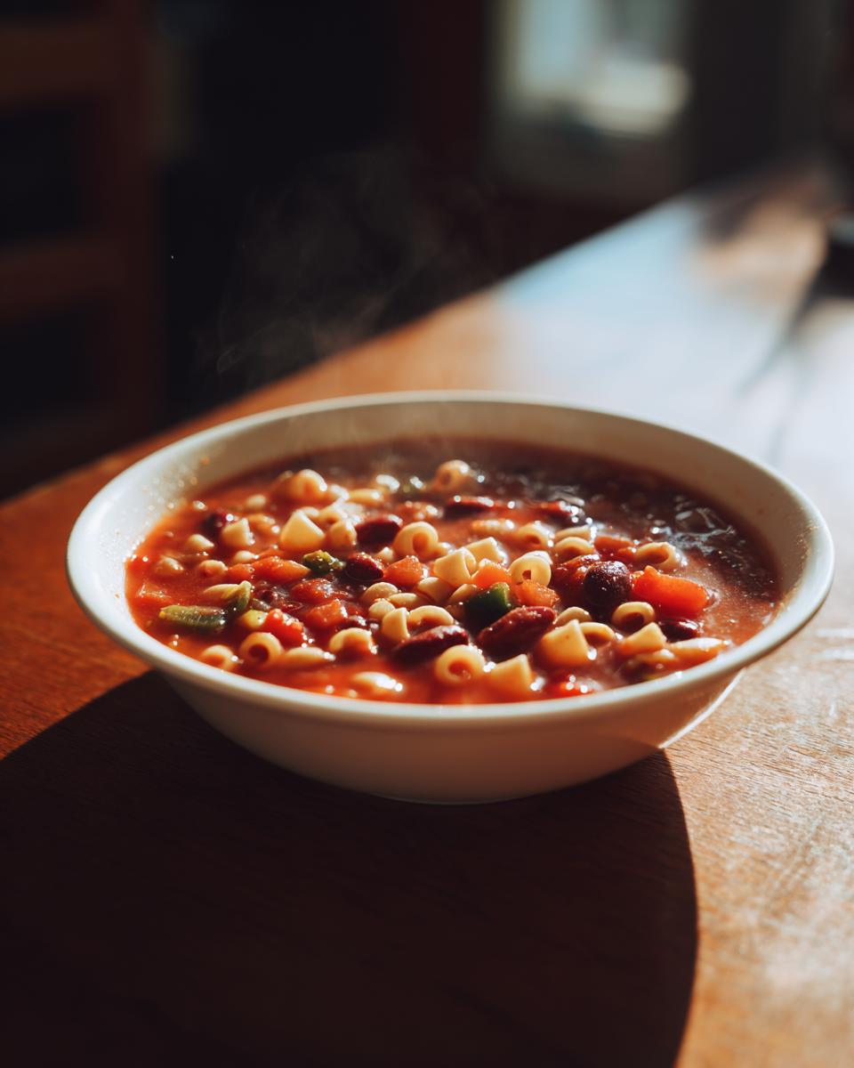 A close-up of a steaming white bowl filled with rich, tomato-based pasta fagioli, featuring small pasta shapes and beans.