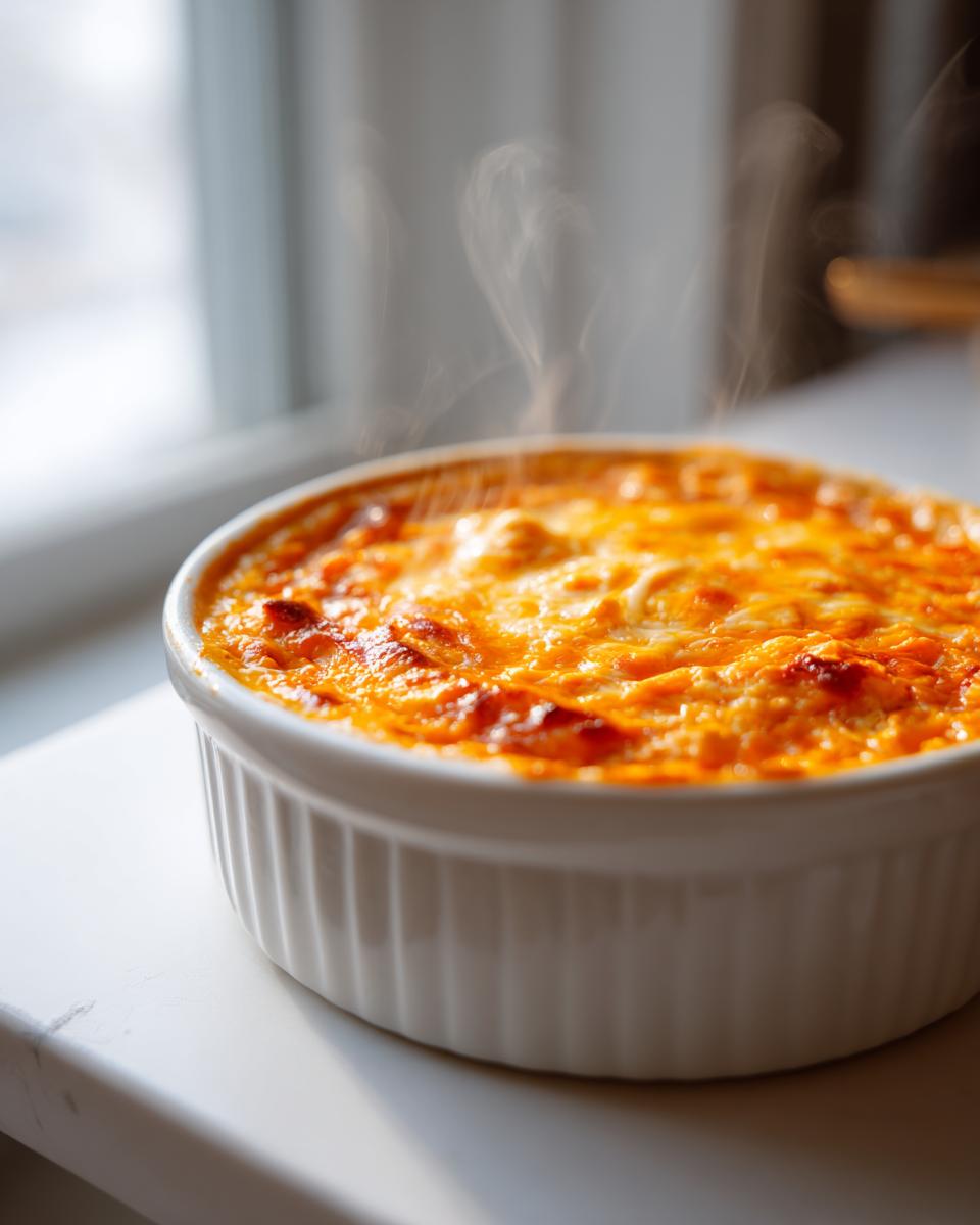 Close-up of hot, bubbling buffalo chicken dip topped with melted orange cheese, steaming slightly.