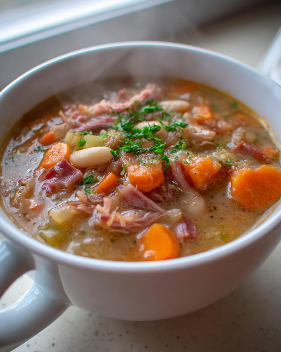 A close-up of a steaming white bowl filled with hearty Ham and Bean Soup, featuring shredded ham, white beans, and bright orange carrots.