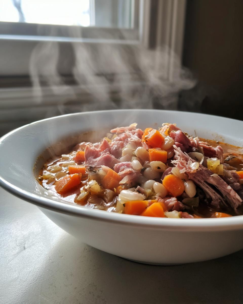 Close-up of a steaming white bowl filled with hearty Ham and Bean Soup, featuring shredded ham, white beans, and diced carrots.