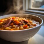 Close-up of a steaming white bowl filled with hearty Ham and Bean Soup, featuring shredded ham, white beans, and carrots.