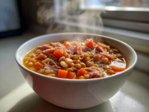 A steaming white bowl filled with hearty Ham and Bean Soup, featuring shredded ham, white beans, and carrots.
