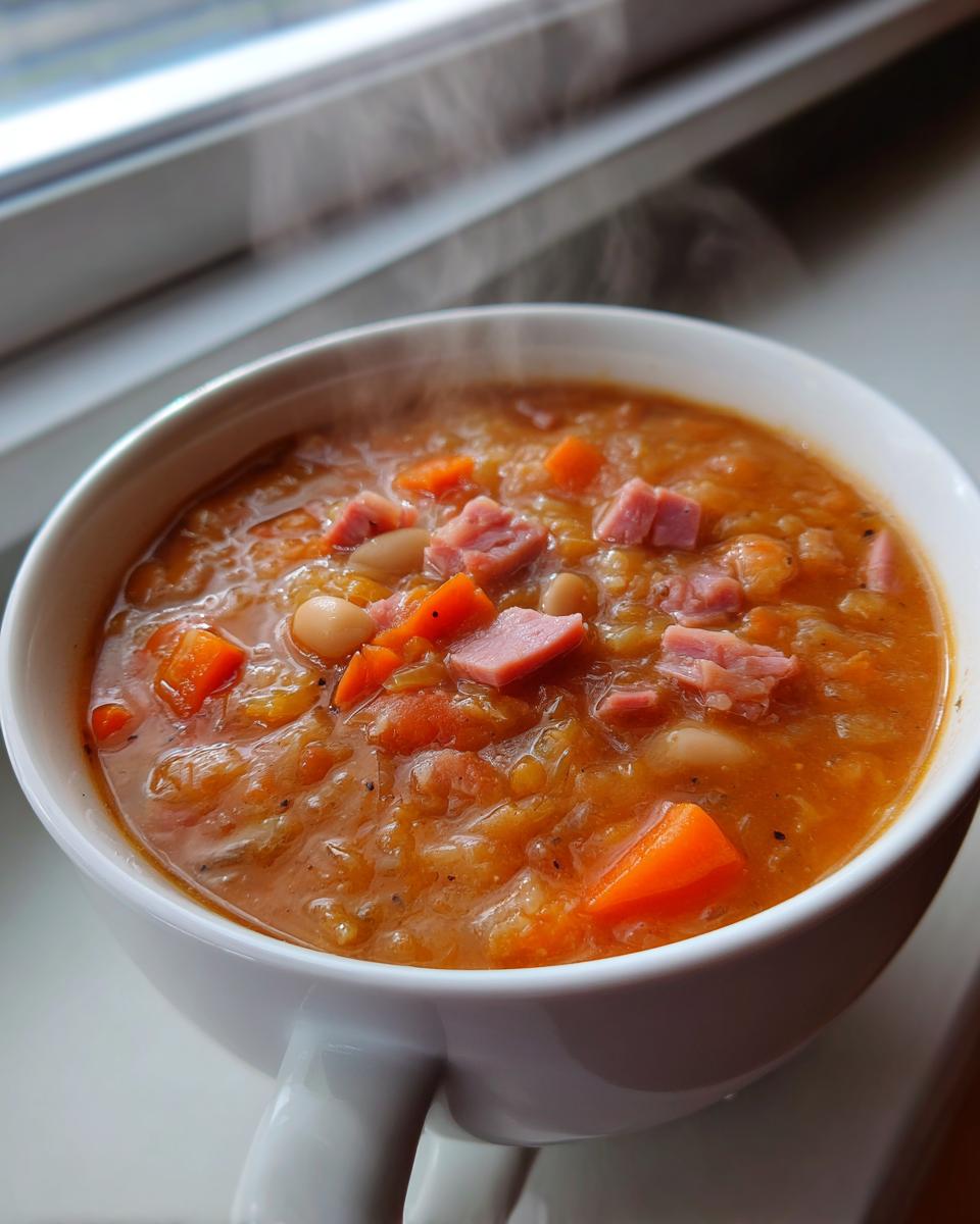 A steaming white mug filled with hearty Ham and Bean Soup, featuring chunks of ham and carrots.
