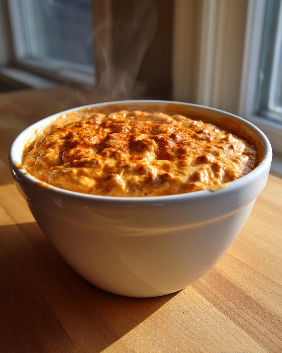 A close-up of a steaming hot sausage cheese dip in a white bowl, sitting on a wooden counter near a window.