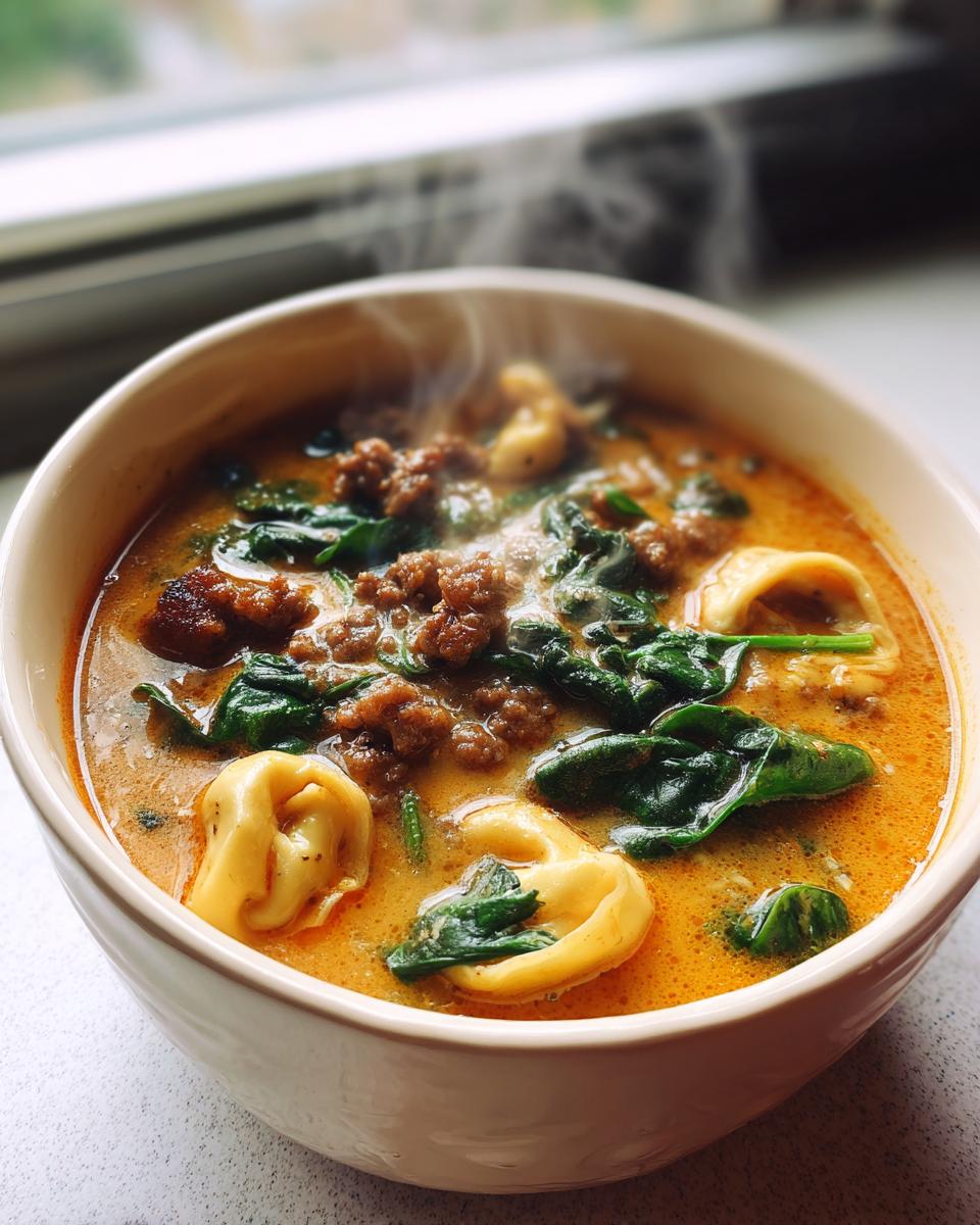 Close-up of a steaming bowl of creamy sausage tortellini soup featuring ground sausage and wilted spinach.