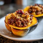 A close-up of a baked stuffed acorn squash half filled with a savory stuffing, pecans, and dried cranberries.