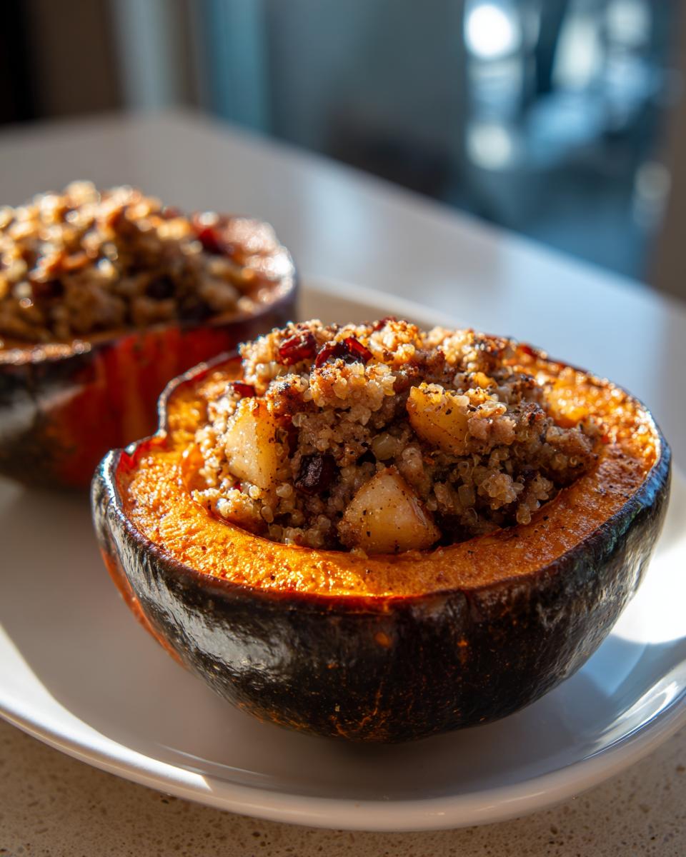 A close-up of a baked, halved stuffed acorn squash filled with a savory quinoa mixture, sitting on a white plate.
