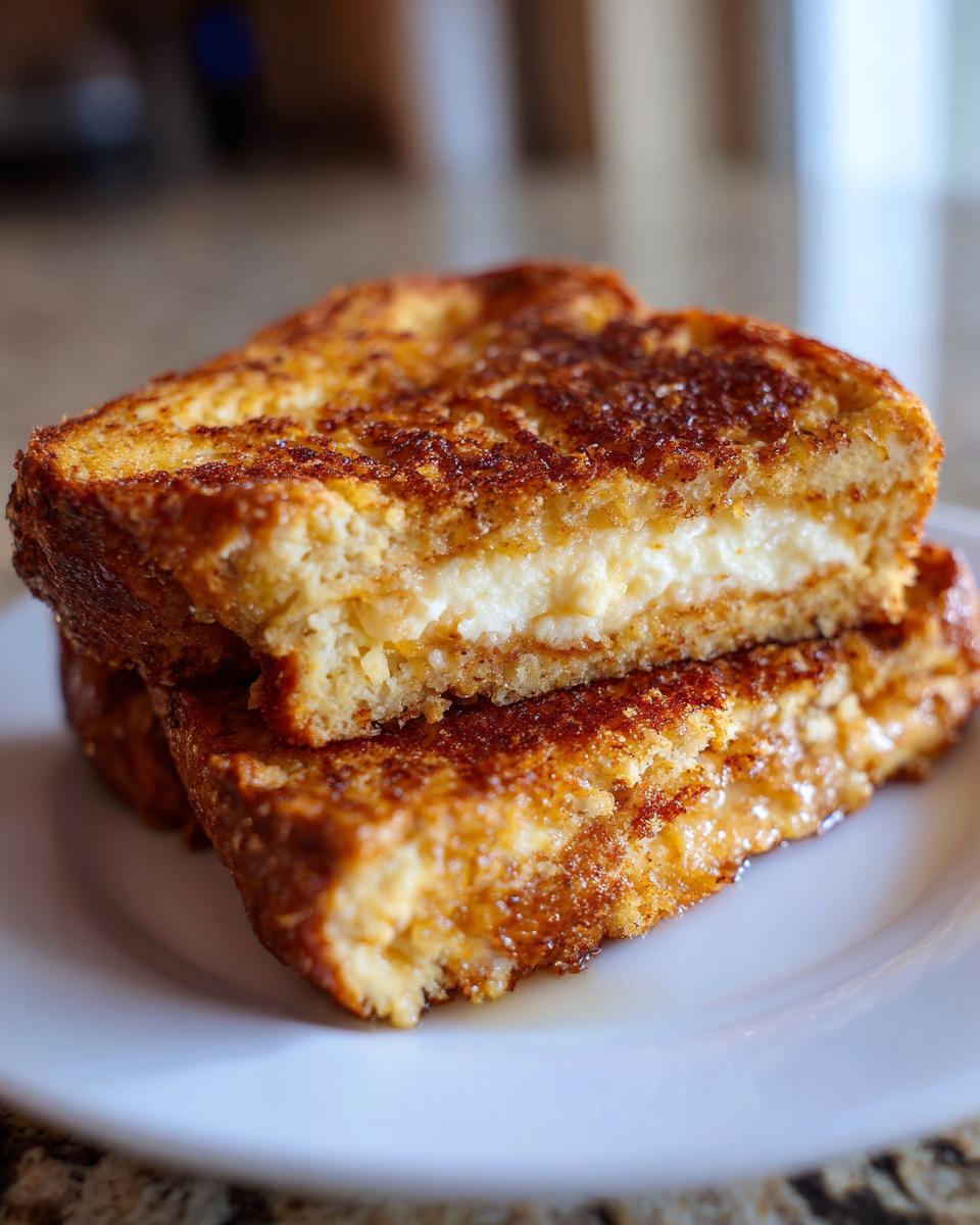 Two halves of stuffed sourdough french toast stacked on a white plate, showing creamy filling.