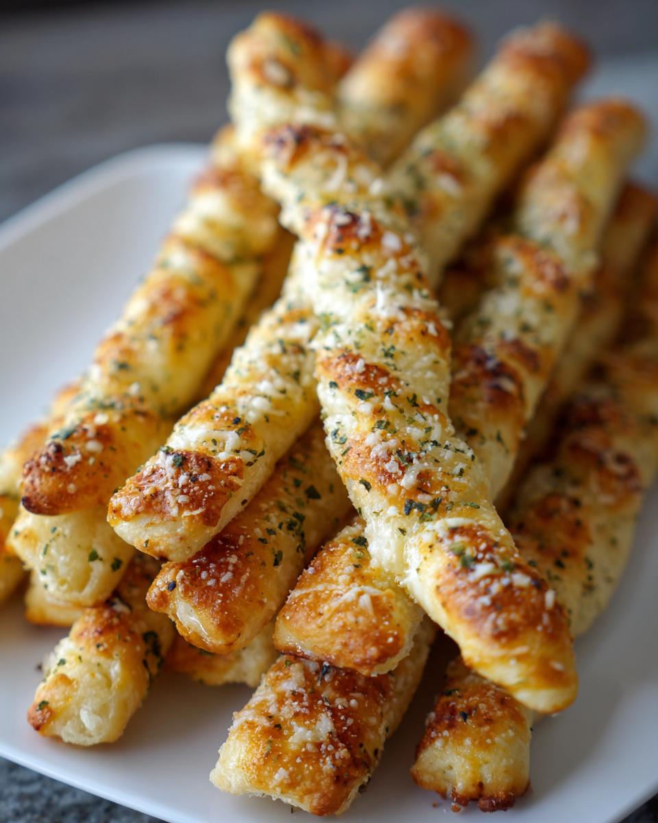 A close-up of a pile of golden brown, twisted breadsticks topped with melted cheese and herbs.