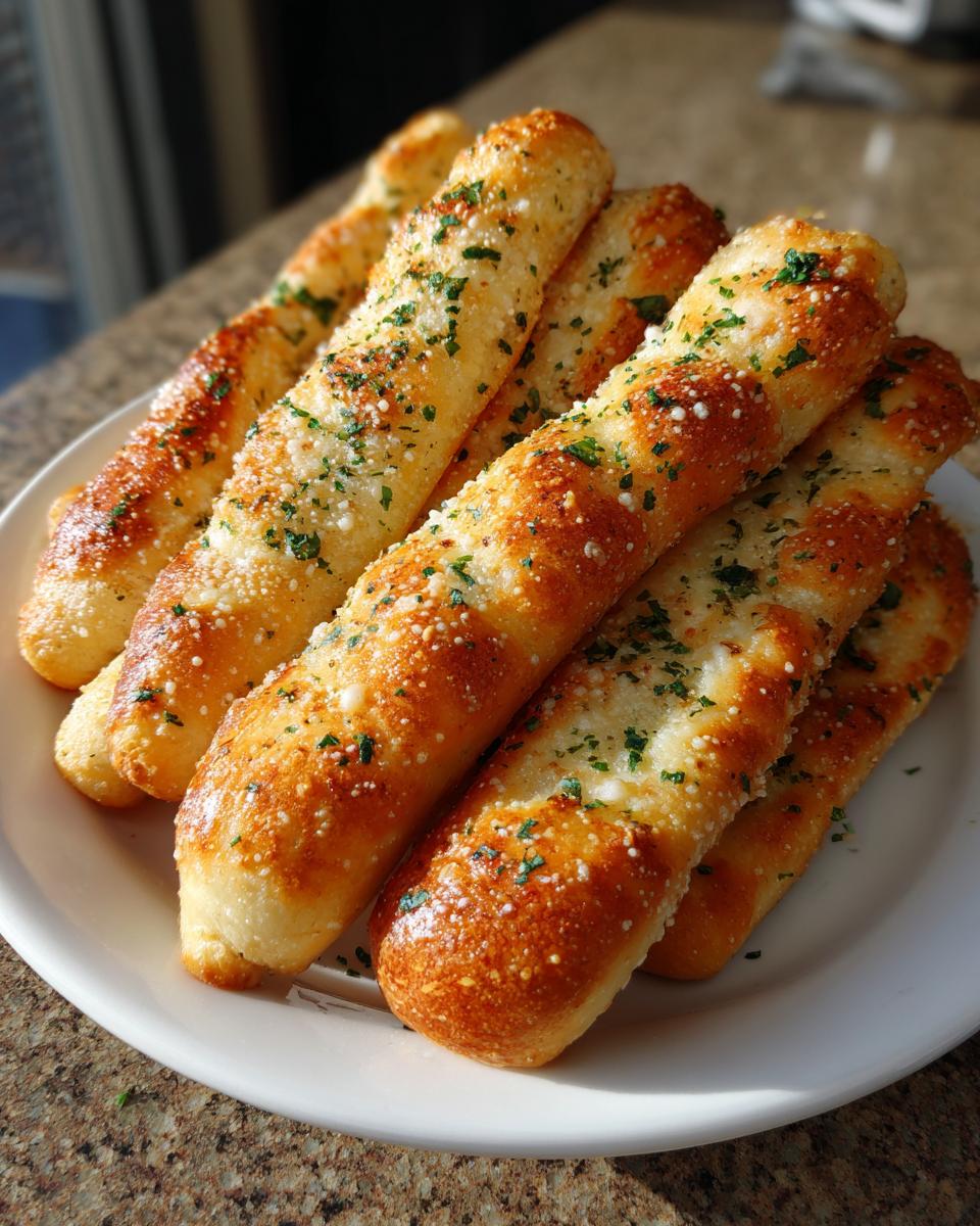 A stack of golden brown, soft breadsticks topped with melted butter, Parmesan cheese, and parsley.