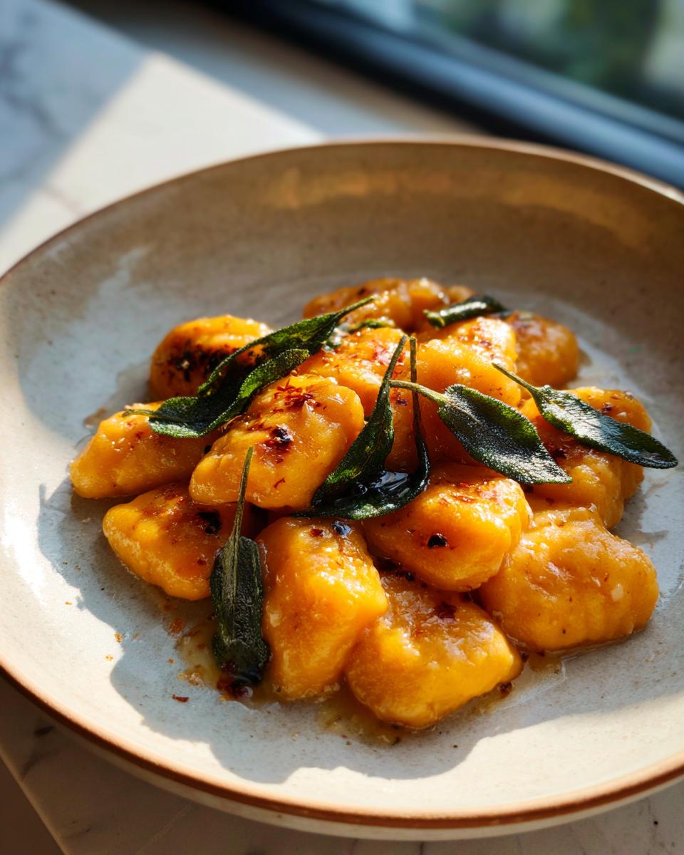 Close-up of golden sweet potato gnocchi tossed in brown butter and topped with crispy sage leaves.