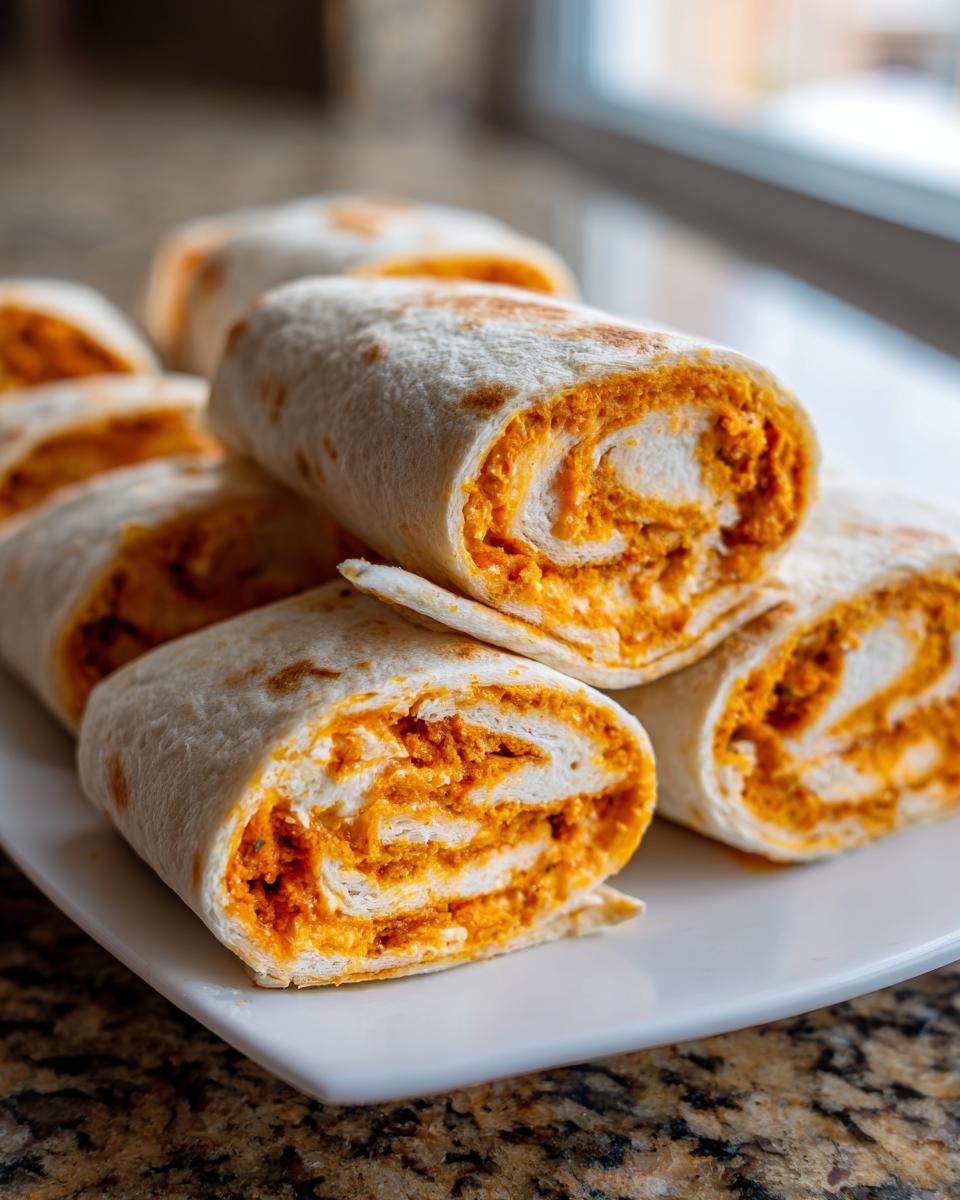 Close-up of several freshly cut taco pinwheels showing the orange and white filling rolled tightly in a tortilla.
