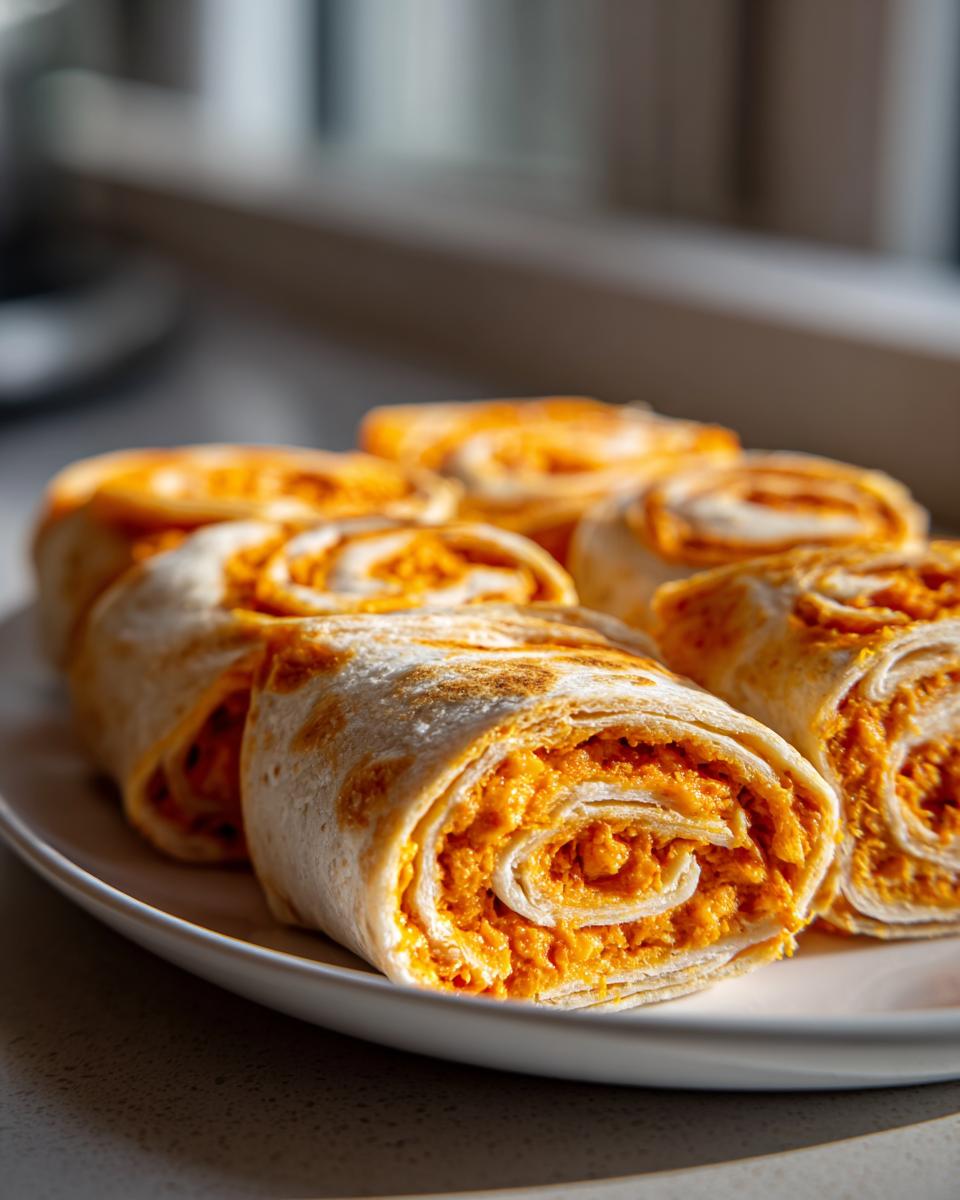 Close-up of several freshly made taco pinwheels with bright orange filling, arranged on a white plate.