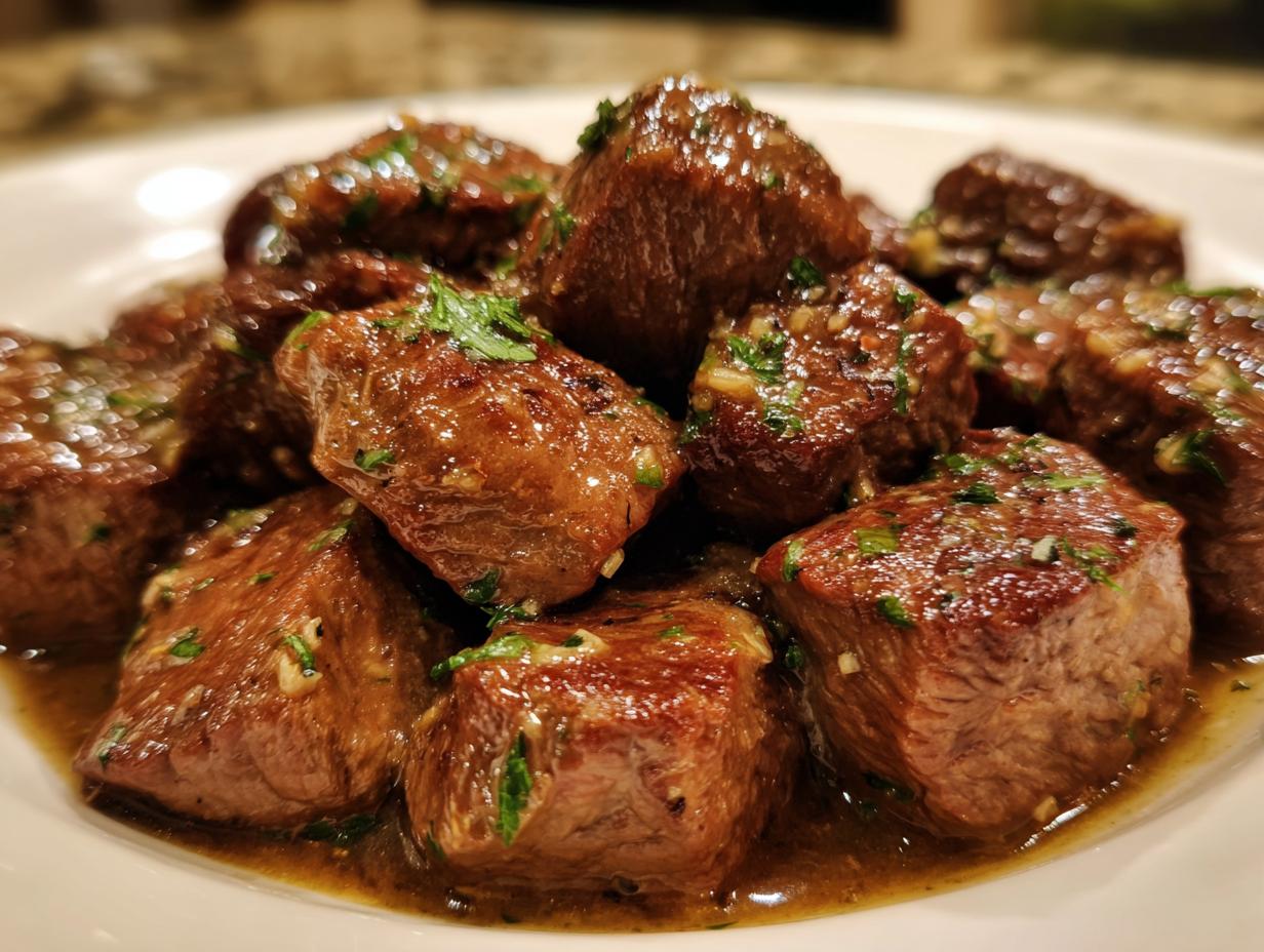 Close-up of tender, saucy beef chunks from the crockpot steak recipe, garnished with parsley.