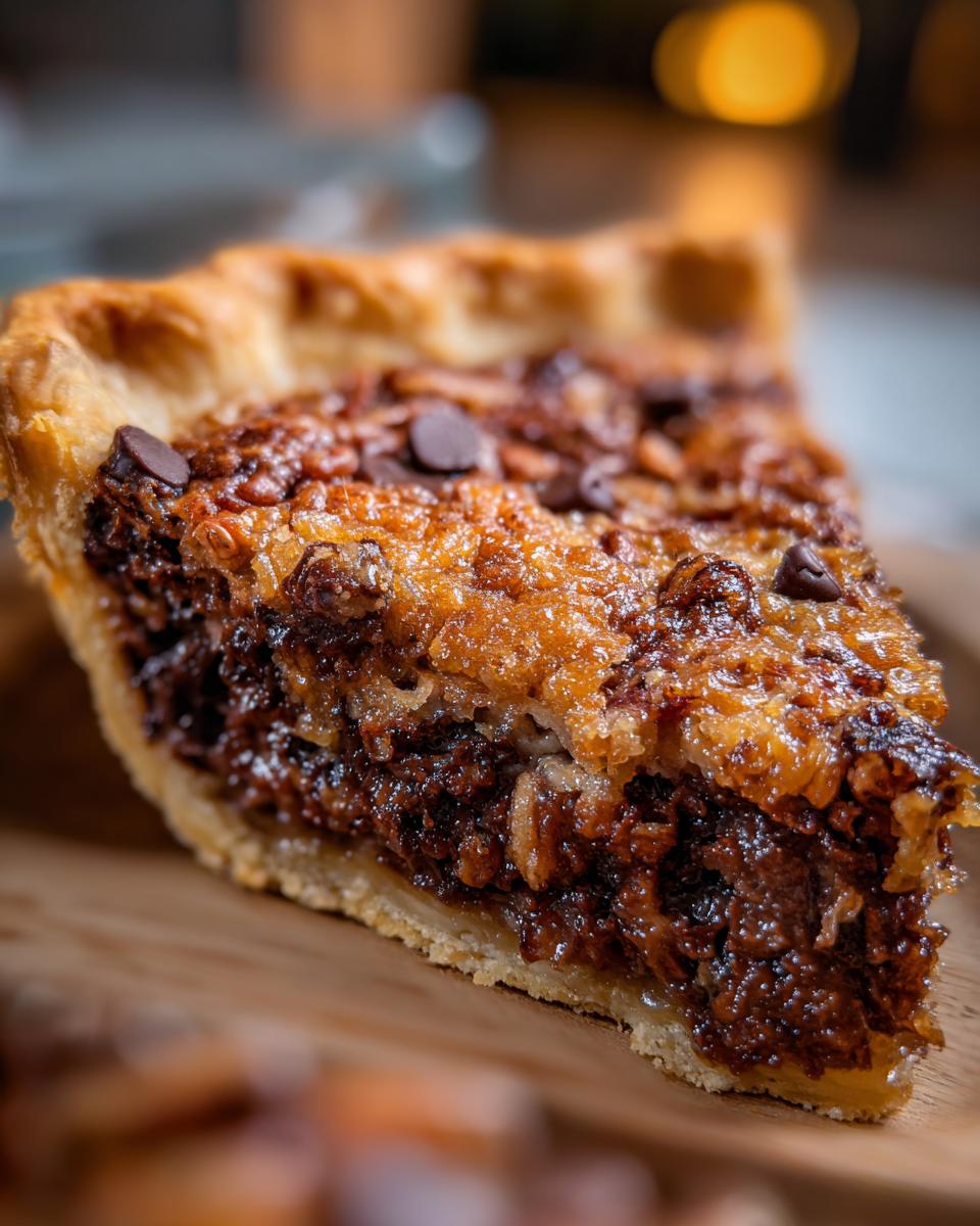 A close-up, mouth-watering slice of texas trash pie showing a gooey chocolate and pecan filling with a flaky crust.