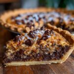 Close-up of a decadent slice of texas trash pie showing a thick chocolate layer and coconut-pecan topping with chocolate chips.