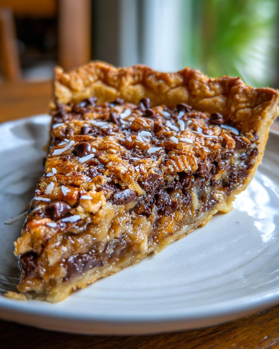 Close-up of a decadent slice of texas trash pie showing a gooey filling with chocolate chips and coconut flakes.