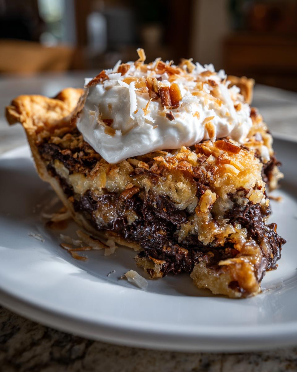 Close-up of a decadent slice of texas trash pie topped with whipped cream and toasted coconut.