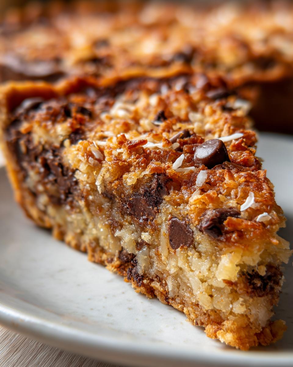 Close-up of a slice of decadent texas trash pie showing layers of toasted coconut, chocolate chips, and a golden crust.