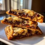 Three halves of thick chocolate chip cookies stacked, showing a gooey, melted chocolate center.