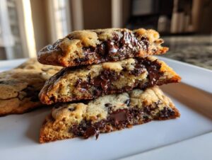 Three halves of thick chocolate chip cookies stacked, showing melted, gooey chocolate chips inside.