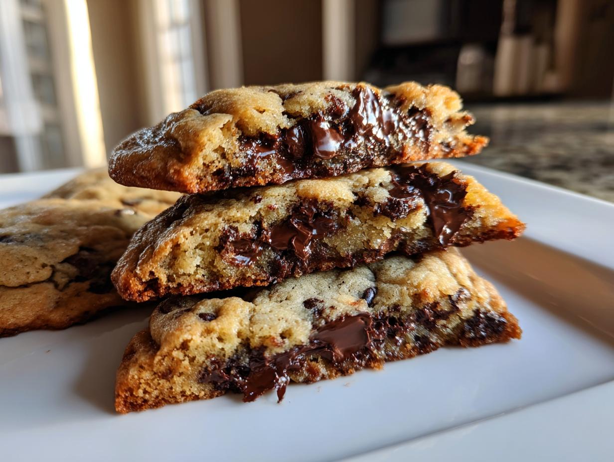 Three halves of thick chocolate chip cookies stacked, showing melted, gooey chocolate chips inside.