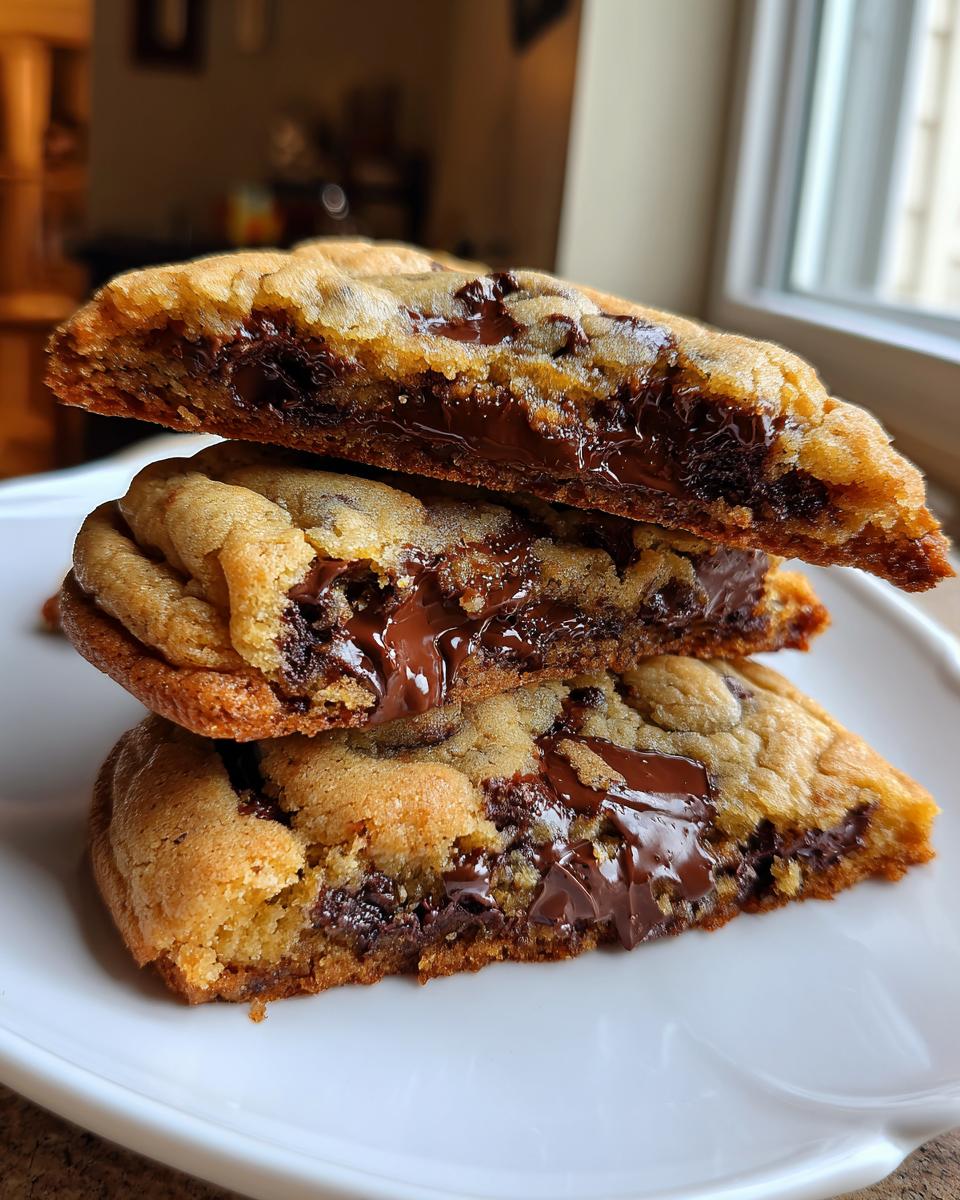 Three halves of thick chocolate chip cookies stacked, showing gooey, melted chocolate centers.