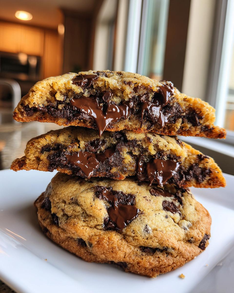 Close-up of thick chocolate chip cookies stacked, showing a gooey, melted chocolate center.