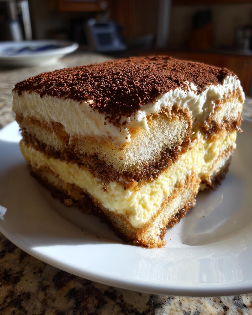 A thick, layered slice of homemade tiramisu recipe dessert dusted with cocoa powder on a white plate.