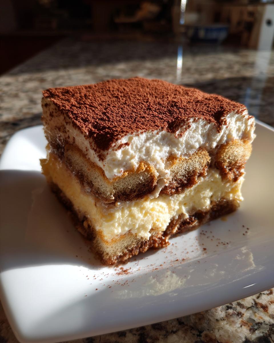 A perfect square slice of homemade tiramisu recipe, layered with cream and dusted heavily with cocoa powder.