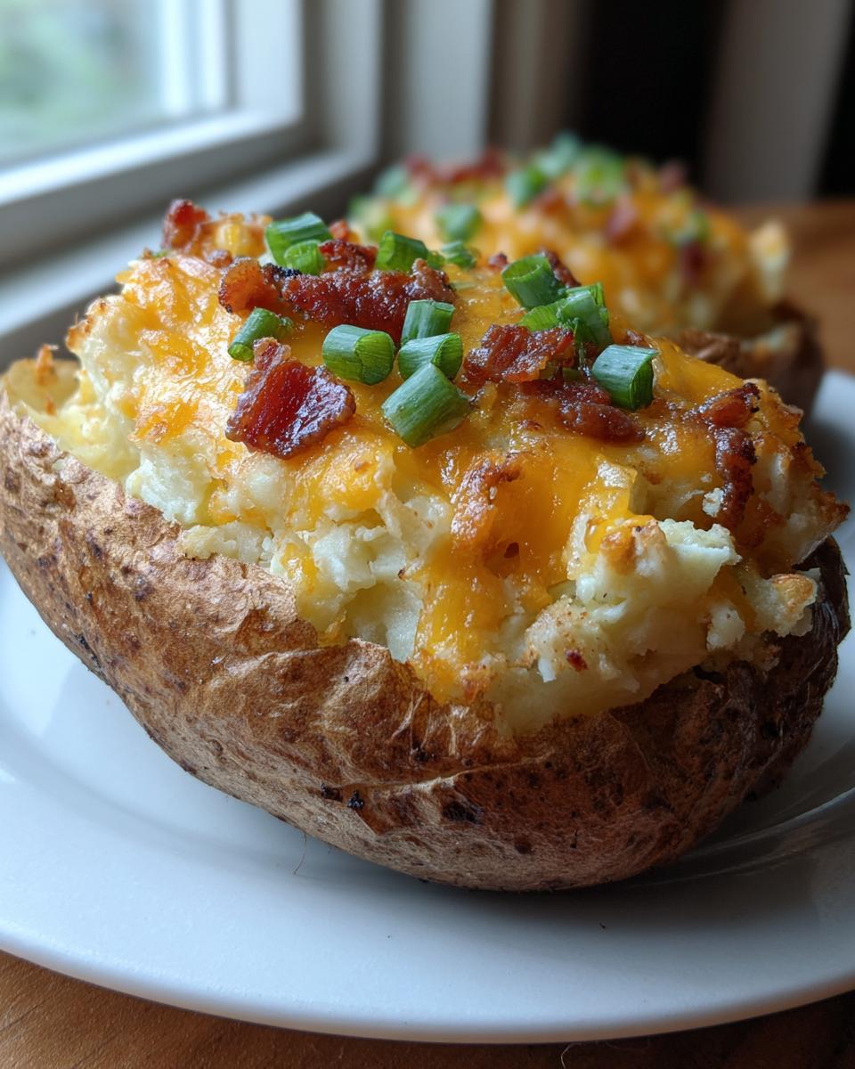 A close-up of a perfectly cooked twice baked potato loaded with melted cheddar cheese, crispy bacon bits, and green onions.