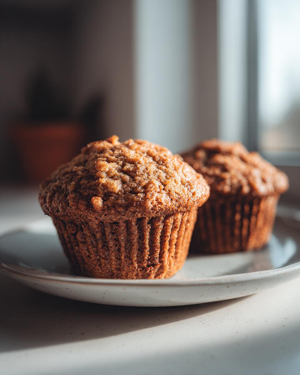 Close-up of two freshly baked bran muffins sitting on a speckled ceramic plate near a window.