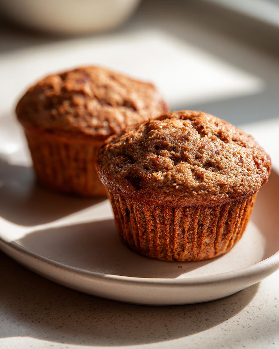 Two perfectly baked, golden-brown bran muffins sitting on a light ceramic plate, highlighted by natural sunlight.