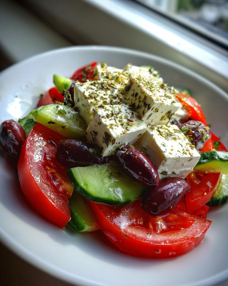 Close-up of a vibrant greek salad featuring thick slices of tomato, cucumber, Kalamata olives, and large cubes of feta cheese sprinkled with oregano.