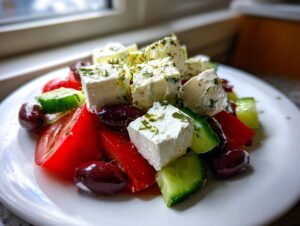 Close-up of a fresh greek salad featuring large cubes of feta cheese sprinkled with herbs, bright red tomatoes, cucumbers, and Kalamata olives.
