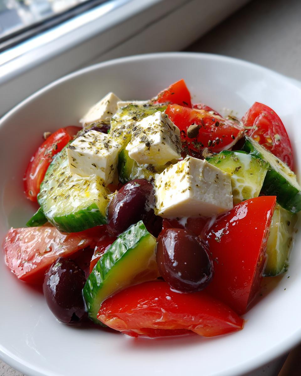 Close-up of a vibrant greek salad featuring chunks of feta cheese, red tomatoes, green cucumbers, and Kalamata olives, seasoned with herbs.