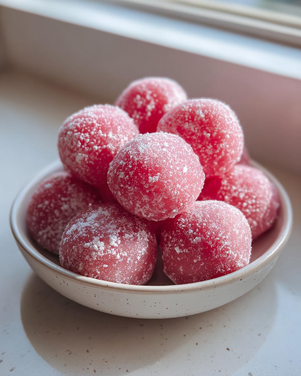 A small bowl filled with bright pink, round watermelon mochi dusted heavily with white sugar.