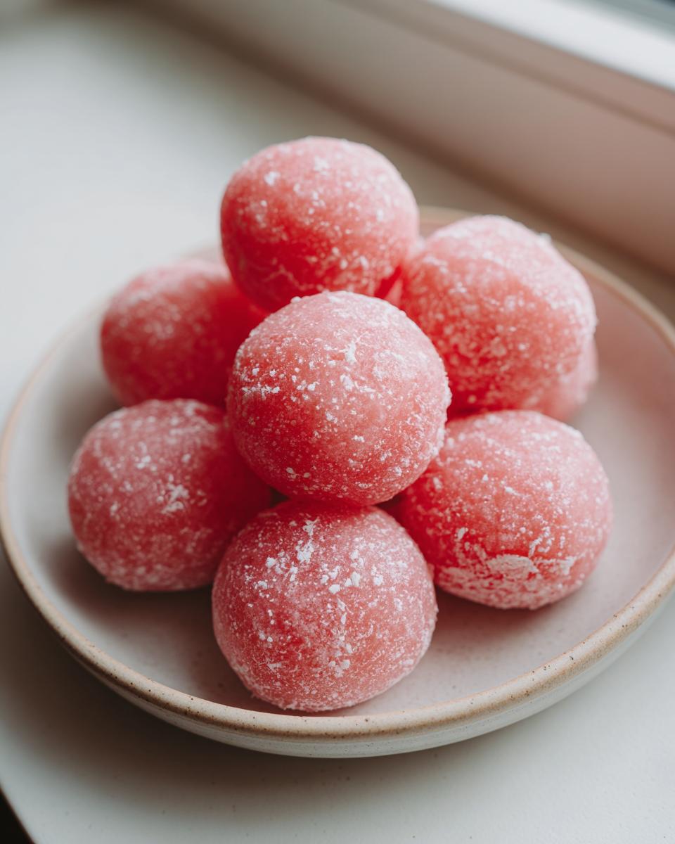 A close-up of several bright pink, dusted watermelon mochi balls piled on a light ceramic plate.