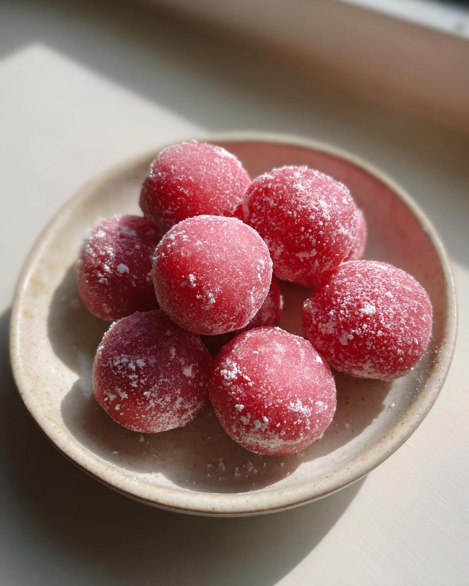 A small plate piled high with bright pink, round watermelon mochi dusted generously with white powder.