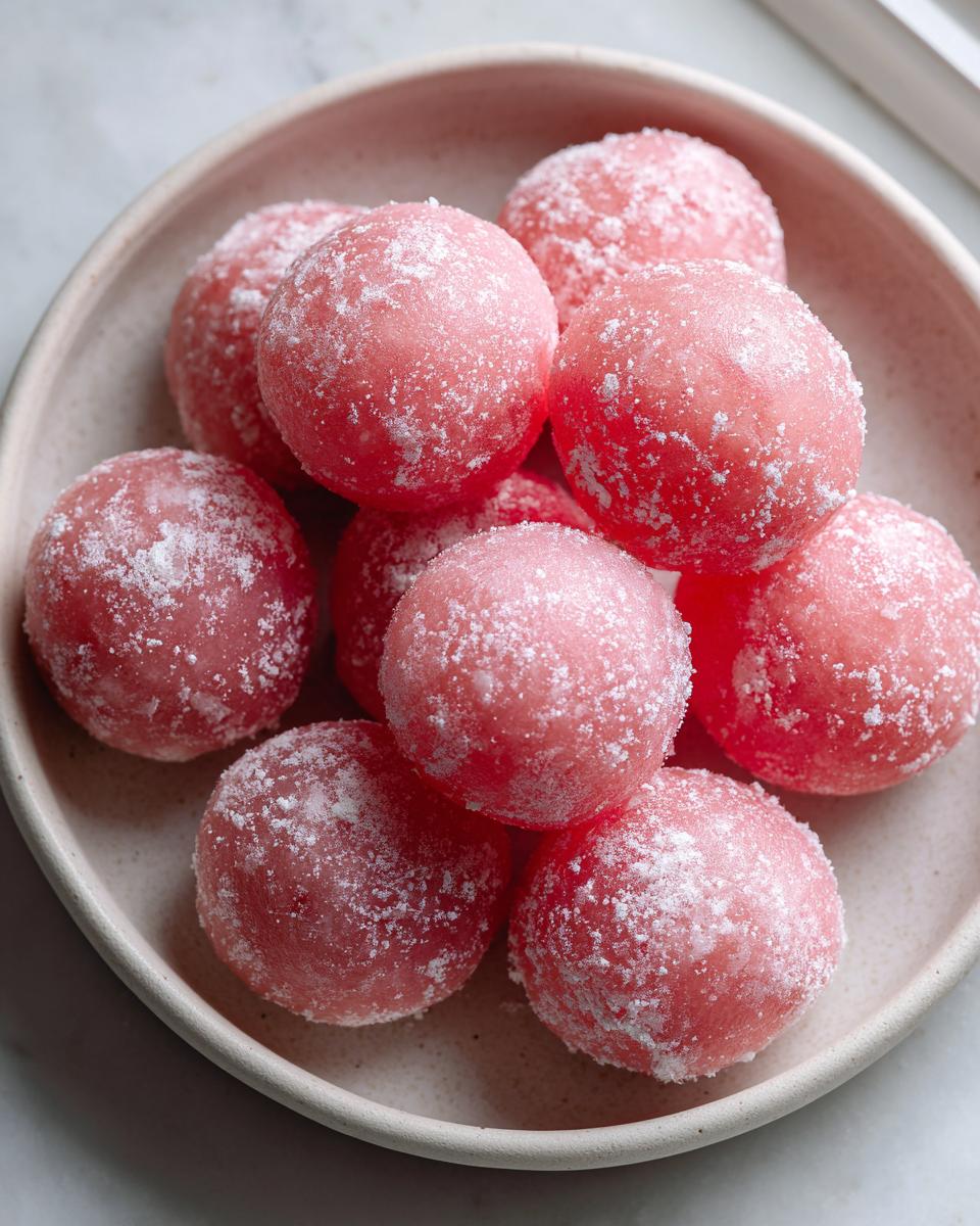 A pile of bright pink, round watermelon mochi dusted with white powdered sugar, served in a light-colored bowl.
